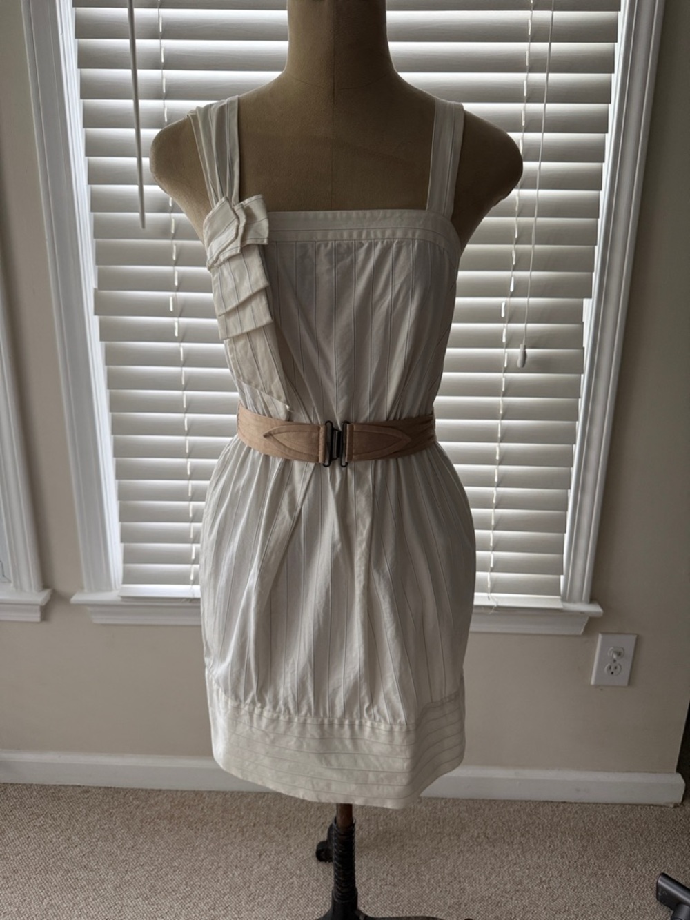 BCBGeneration Cream One-Shoulder Ruffle Dress with Tan Belt